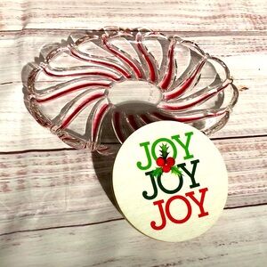 Festive Candy Cane striped Glass Holiday Plate & Sand + Fog candle lid JOY